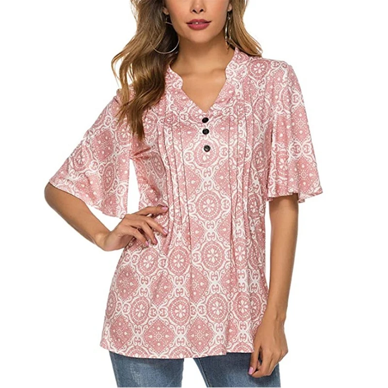 

OTEN Women's V-Neck Short Sleeve Pleated T-Shirt Summer Vintage Floral Print Buckle Street Loose Women's Top