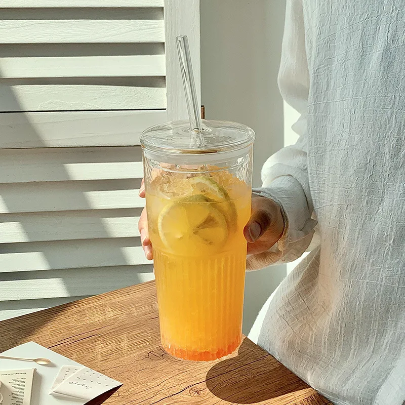 Glass Cup 600ml Ins Stripe With Lid and Straw Transparent Drinking Glasses