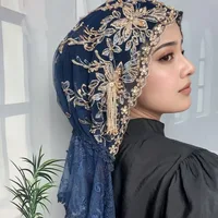Embroidery Bead Hijab Headscarf Muslim Women Lace Veil Prayer Hat Gorgeous Islamic Turban Bonnet Shawl Wrap Tassel Headwear
