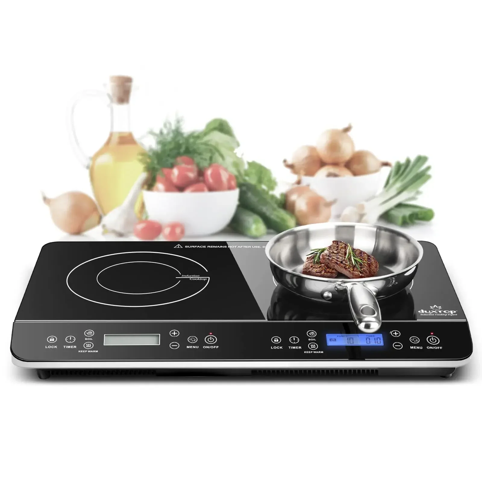 

Duxtop LCD Portable Double Induction Cooktop 1800W Digital Electric Countertop Burner Sensor Touch Stove, 9620LS/BT-350DZ