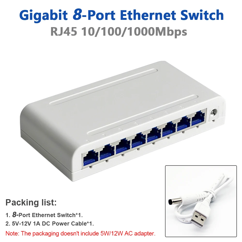 High-Speed RJ45 Ethernet Switch - 5/8 Port, 10/100/1000Mbps for Office and Home Networking