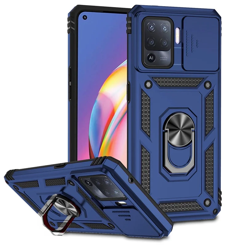Shockproof Armor Case with Metal Ring Holder and Slide Lens Protector Cover