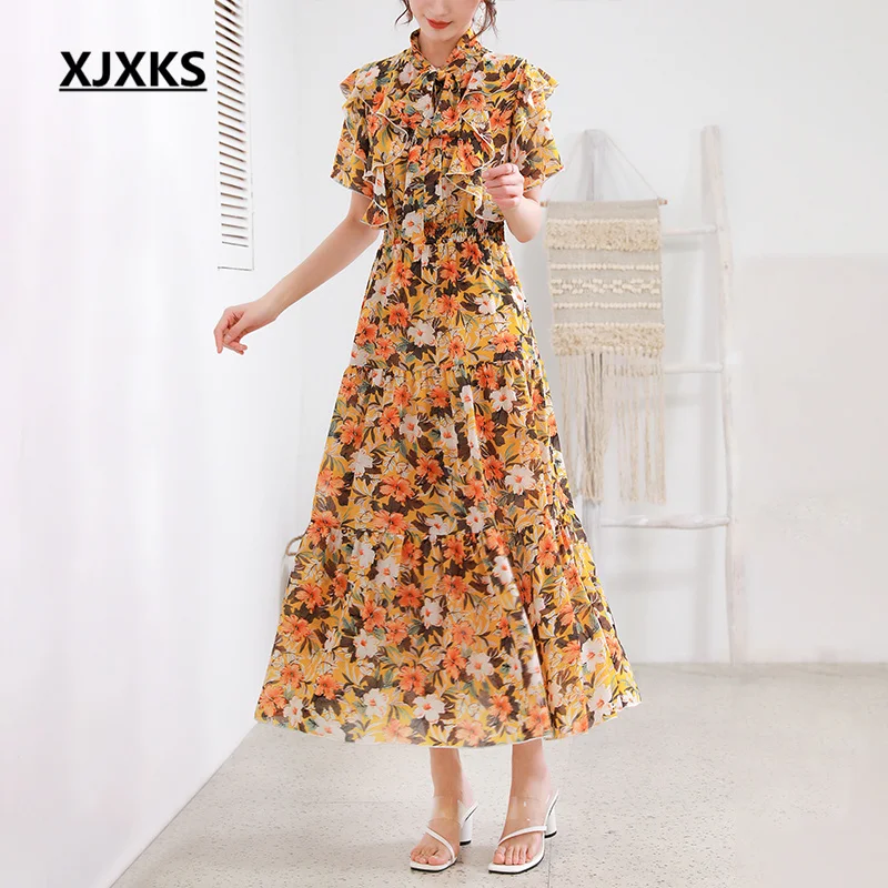 

XJXKS 2022 Summer New Fashion Scarf Collar Women's Long Vestidos Loose High Quality Printed Casual Short Sleeve Dress