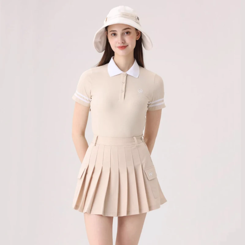 Azurway Korean Golf Wear Women Summer Short Sleeve T-Shirt Polo Shirt Tops Sports High-waist Pleats Skirt Ladies Golf Set
