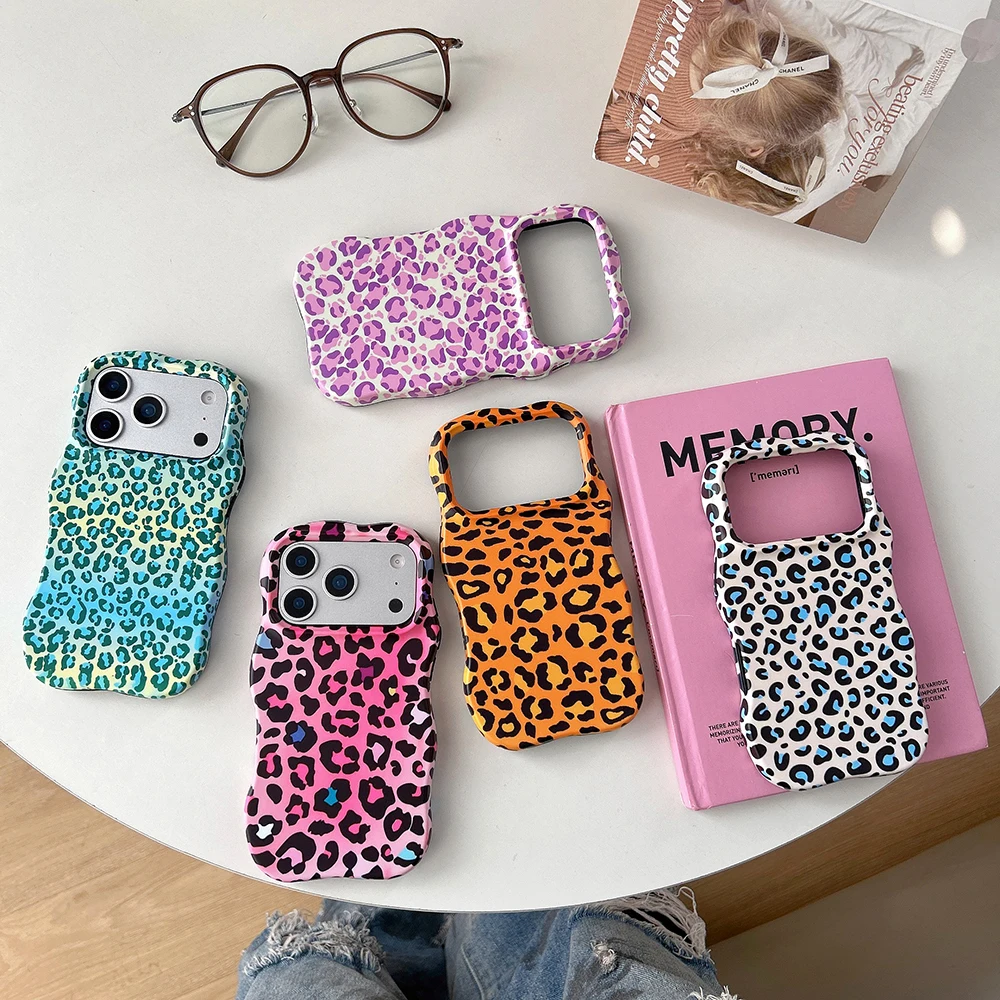 Modische 2-in-1-Handyhülle mit Leopardenmuster für iPhone 13 14 15 16 17 18 Pro Max, Wellenkanten, angenehme Haptik, harte, schlanke Rückseite