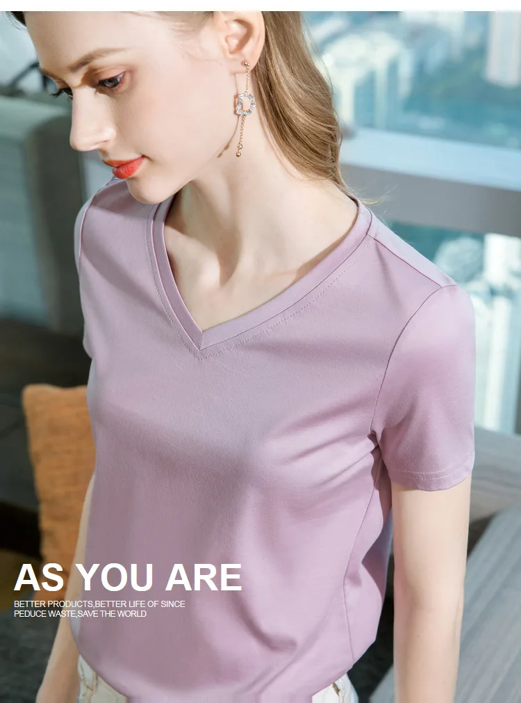 Ice Sensitive Silk Cotton V-neck Short Sleeved T-shirt for Women's Solid Round Neck Basic Commuting Elastic Oversized Top