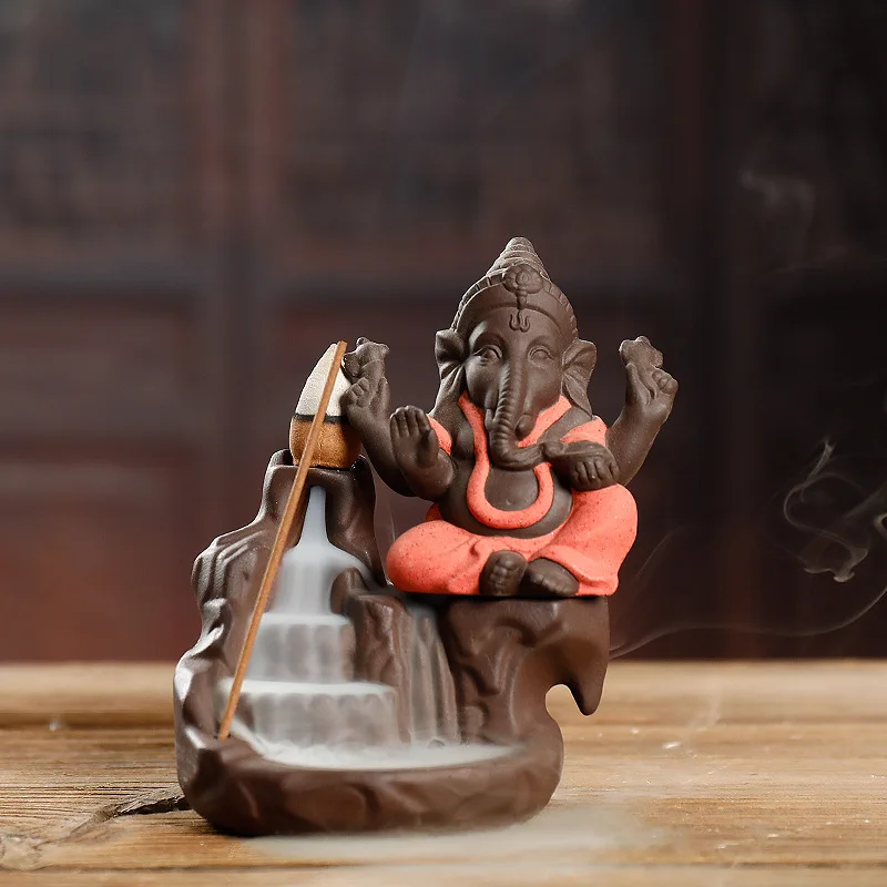 Elephant Flow Censer Purple Clay Ganesha Buddha Statue Buddhism Backflow Incense Burner Zen Tea Pet Home Decor
