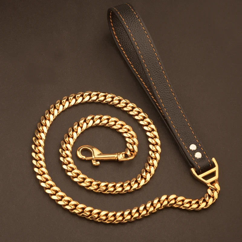 Black Leather Handle Dog Leash with Gold Chain