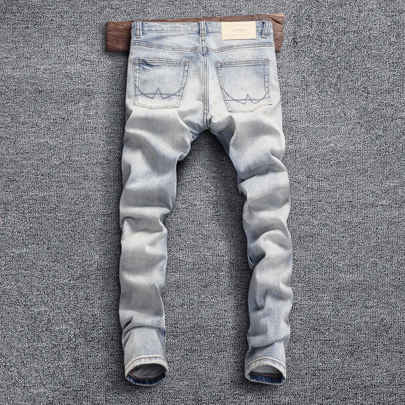 Newly Designer Fashion Men Jeans Retro Light Blue Elastic Slim Fit Ripped Jeans Men Stretch Trousers Vintage Denim Pants Hombre