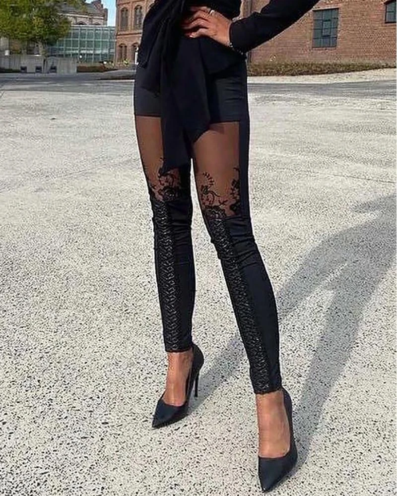capri clothing Women Fashion Embroidered Lace Patchwork Pants Spring Casual Elastic Waist Black Leggings Long Pants ladies cropped trousers
