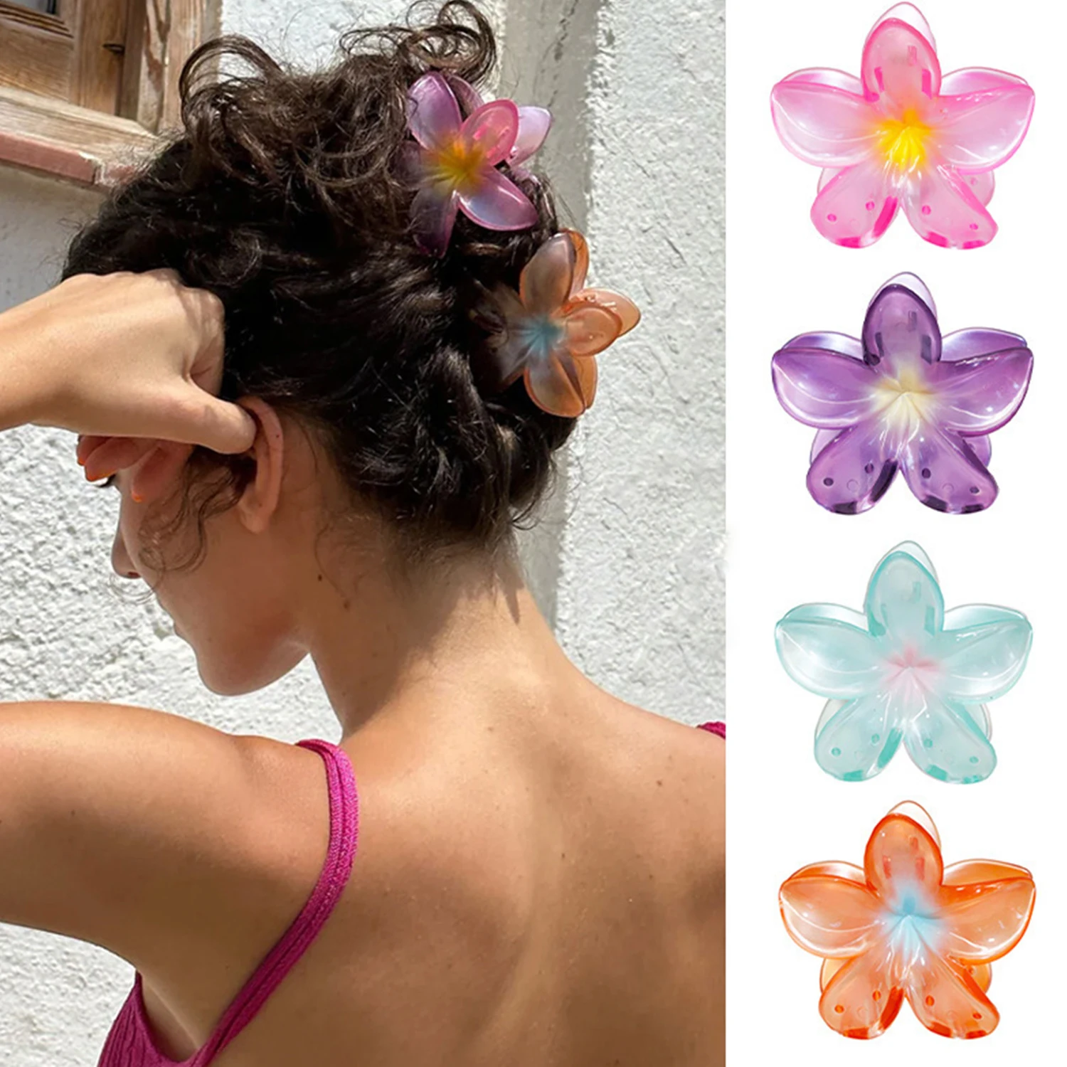 

Transparent Gradient Flower Acrylic Hair Claws Clip Women Girls Sweet Hairpins Summer Beach Hawaiian Headwear Hair Accessories