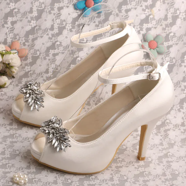 

Wedopus Cream Open Toe High Heels for Women Ankle Strap Wedding Heels with Crystals