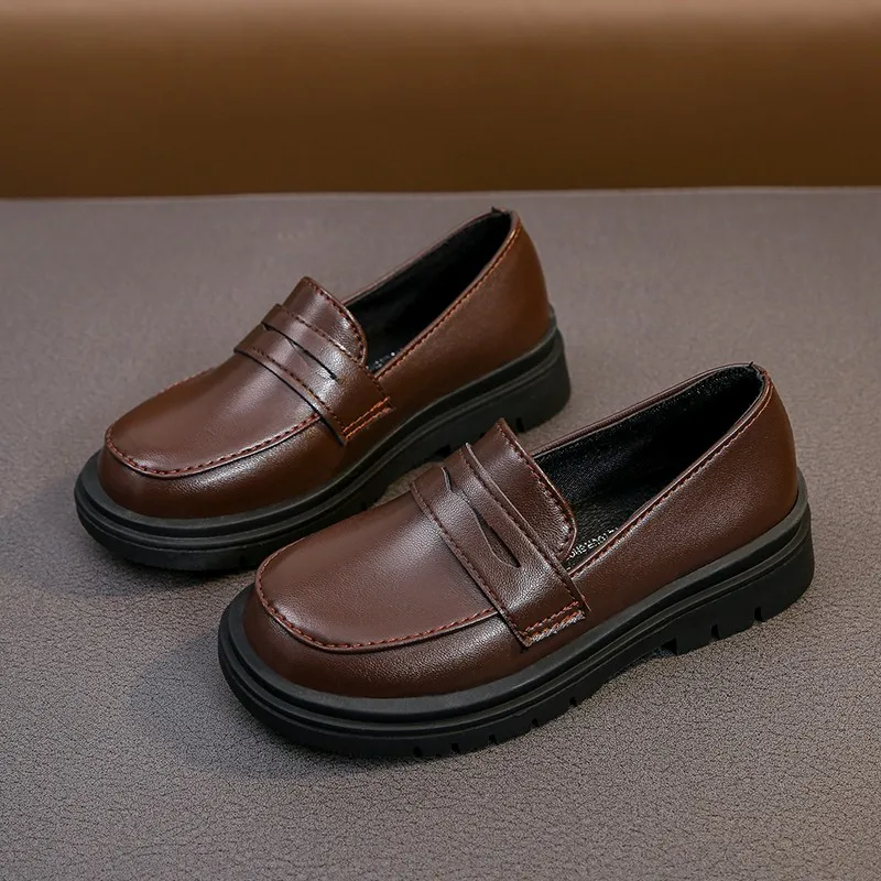 2023 Spring and Autumn New Boys Leather Shoes Children Britain Style Black Casual Shoes for Girls Performance Slip-on Loafers 2