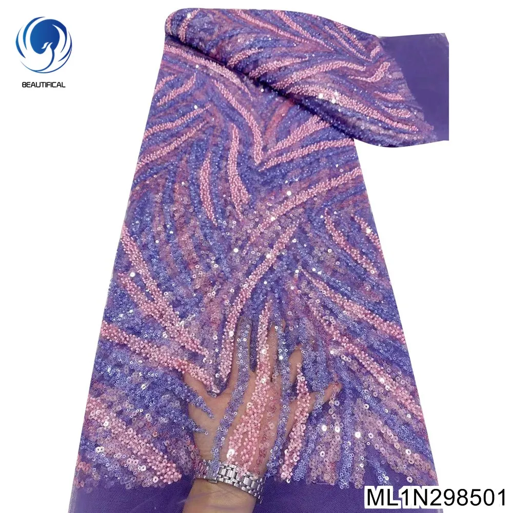 

Noble Classic Stripe Pattern African Purple Sequins Lace with French Pink Heavy Beaded Lace Fabric Party Dress ML1N2985