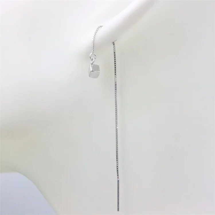 

ZFSILVER Genuine 925 Sterling Silver Fashion Box Chain Smooth Square Ear Line Eardrop For Women Earrings Jewelry Girl Party Gift