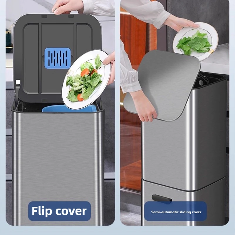 ? 이중층 스테인리스 주방 쓰레기통, 뚜껑이 있는 굽히지 않는 쓰레기통, 대용량 쓰레기통, 쉽게 청소할 수 있는 종이 타월 홀더