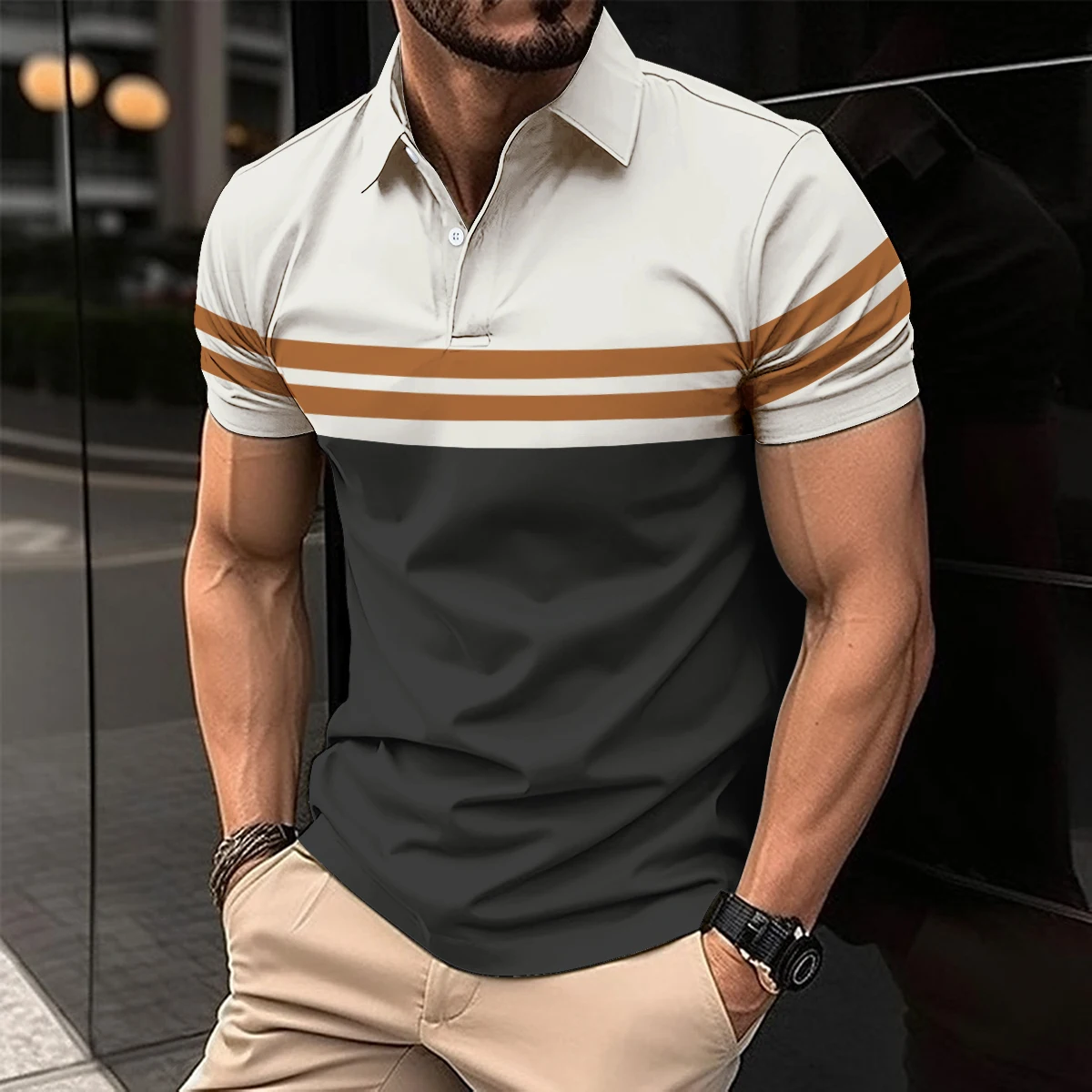 New Summer Men Short Sleeved Polo Shirt Fashion Splice Stripe Printing T-Shirt Men's Breathable Shirt Party Men Clothing Top