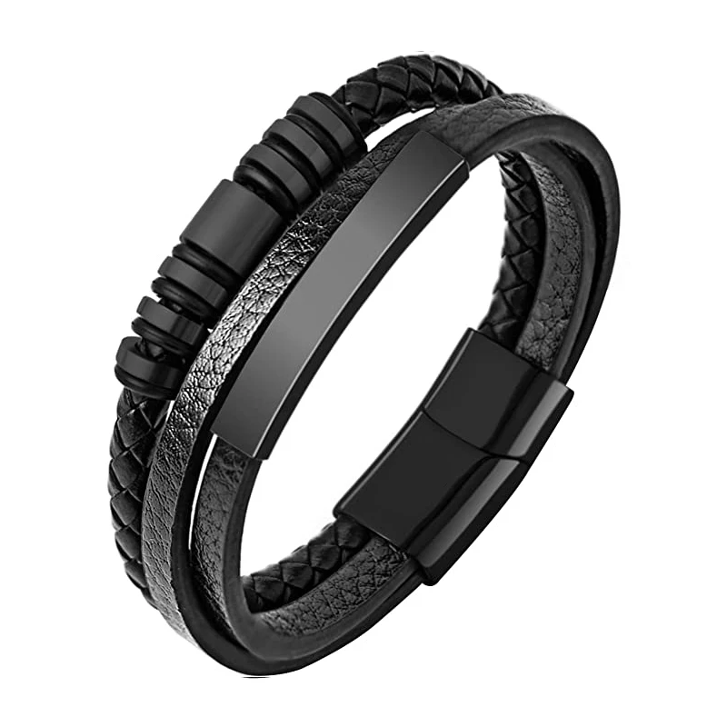 Stainless Steel & Leather Multilayer Men's Bracelet - Stylish Gift