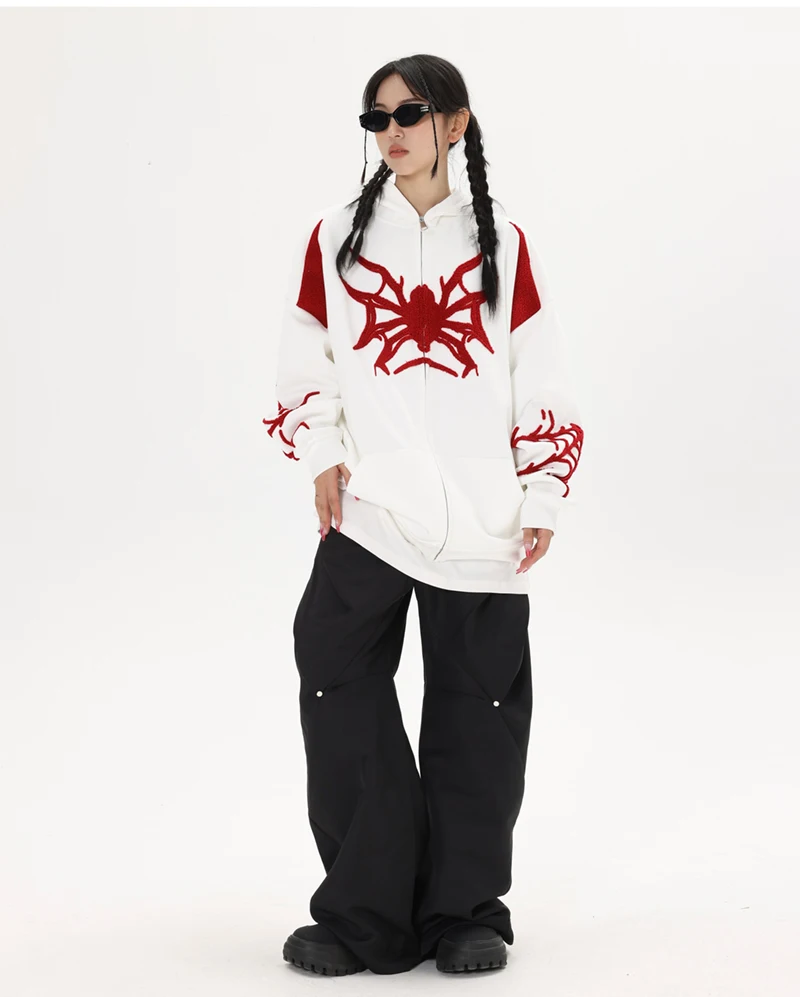 

Y2K Street Trend Hip Hop Spider Print Sports Zipper Sweater 2023 Fashion High Street Punk Retro Couple Sports Zipper Sweater
