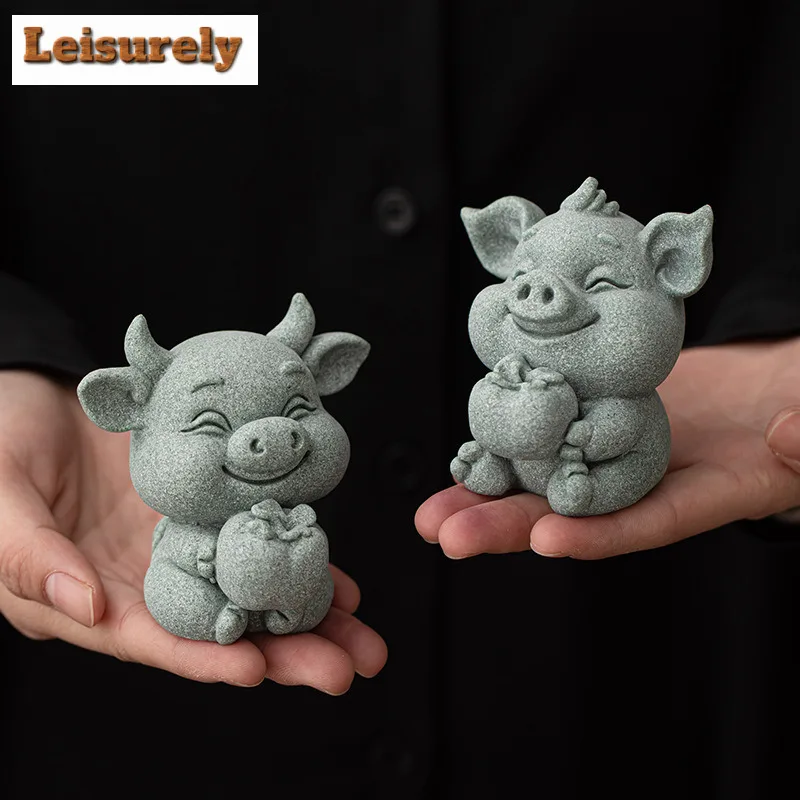 Green Sand Stone Pig Persimmon Big Fortune Tea Pet Japanese Tea Spirit Tea Figurine Play Toys Tea Statue Ornaments Decoration