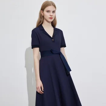 Fashion Women Shirt Dress Elegant High Waisted V Neck Short Sleeve Bow Belt Office Ladies Dresses 2025 Summer Solid Dress