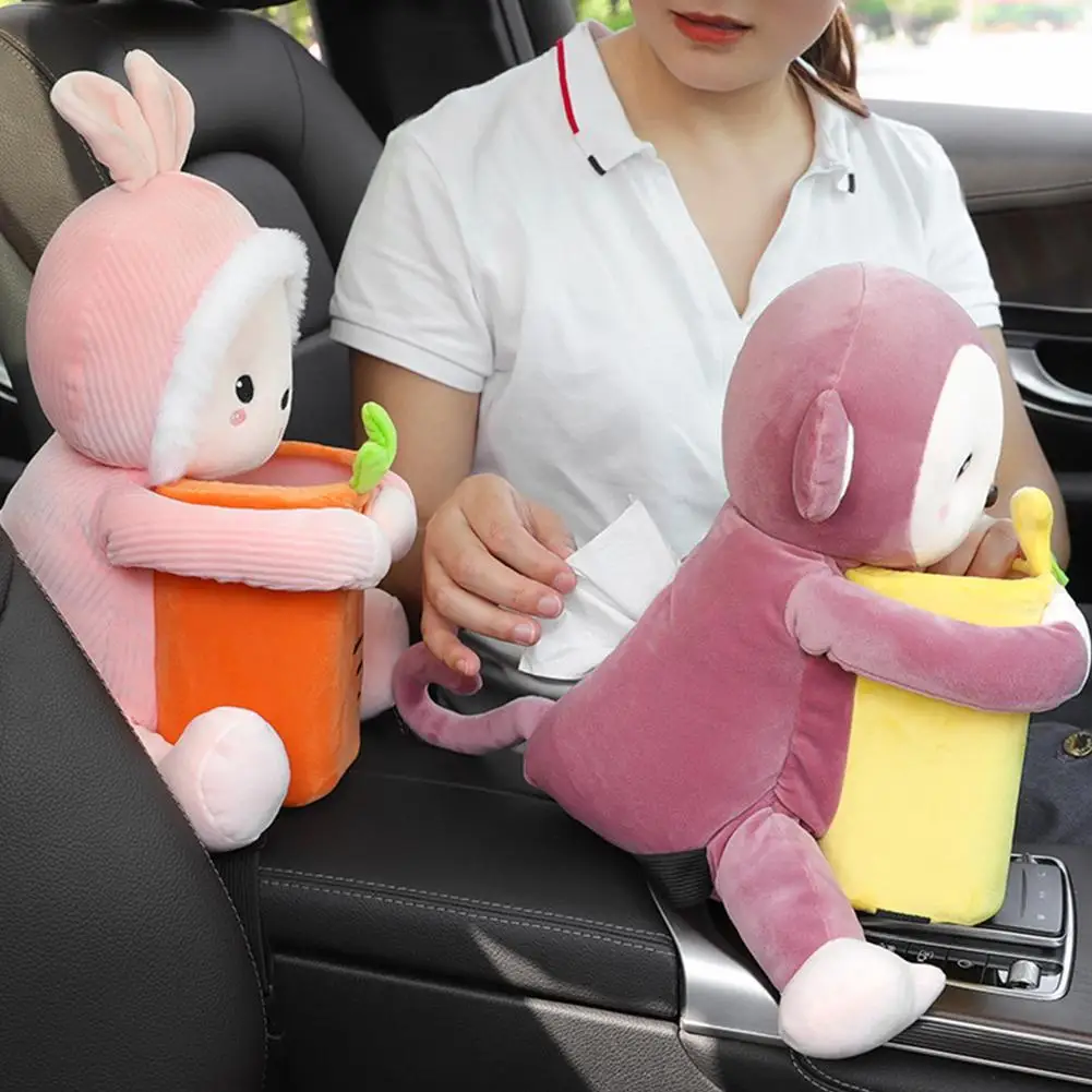 

2 In 1 Car Tissue Box Doll Cartoon Garbage Can Dog Monkey Rabbit Short Plush Car Tissue Holder Car Armrest Box Supplies Novelty