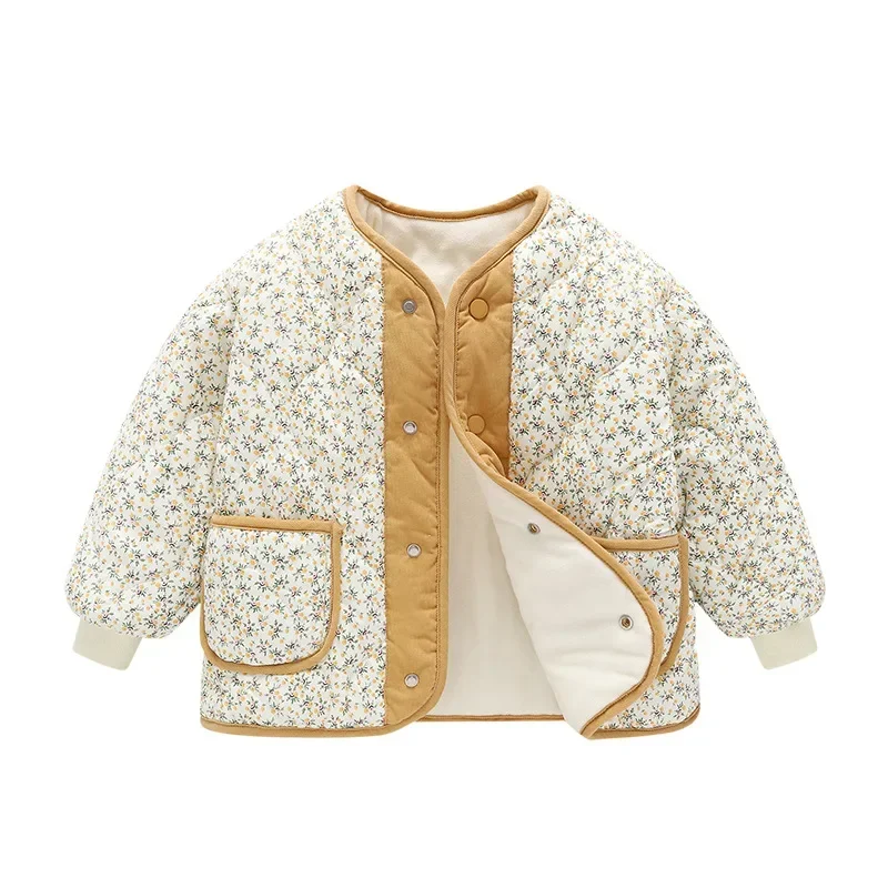 Girls Autumn and Winter Floral Corduroy Round Neck Children Plus Velvet Cotton-padded Jacket