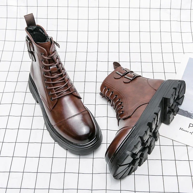 

Brand Men's Genuine Leather Boots Thick Soles High-quality Workwear Boots Men's High Top Casual Shoes Knight Motorcycle Boots