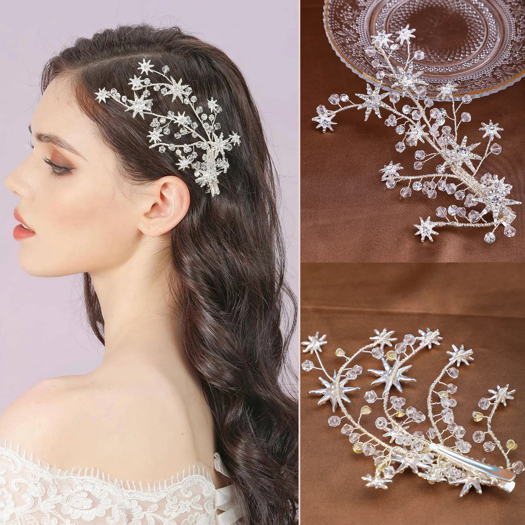 Handmade Rhinestone Hair Clip Bridal Side Pin Fashion Crystal Hairpin Silver Color Stars Shaped Barrettes Wedding Hair Jewelry