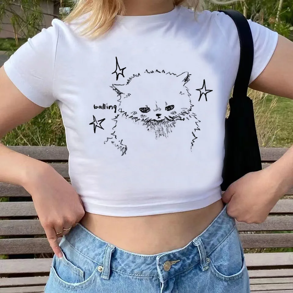 

Модная и милая одежда, модный и повседневный укороченный топ с принтом милого кота, женская летняя смешная футболка с коротким рукавом и мультяшным рисунком