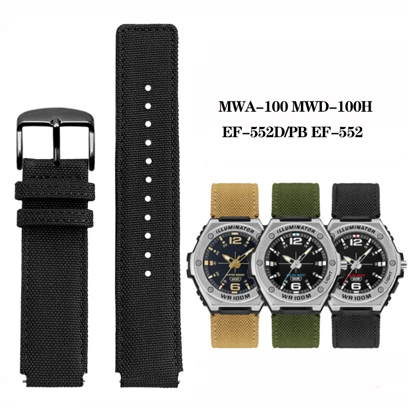 

EF-552 Nylon Layer Leather Bottom Watch Band for Casio MWA-100 MWD-100H EF-552D/PB Waterproof Sports Raised Watchband Strap 20mm