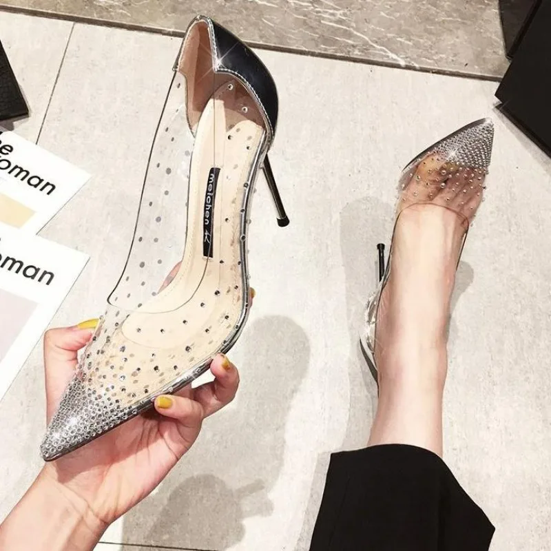 New Luxury Fairy Style Transparent High Heels Thin Heels Pointed Water Diamond Single Shoes Women's Crystal Wedding Shoes 3