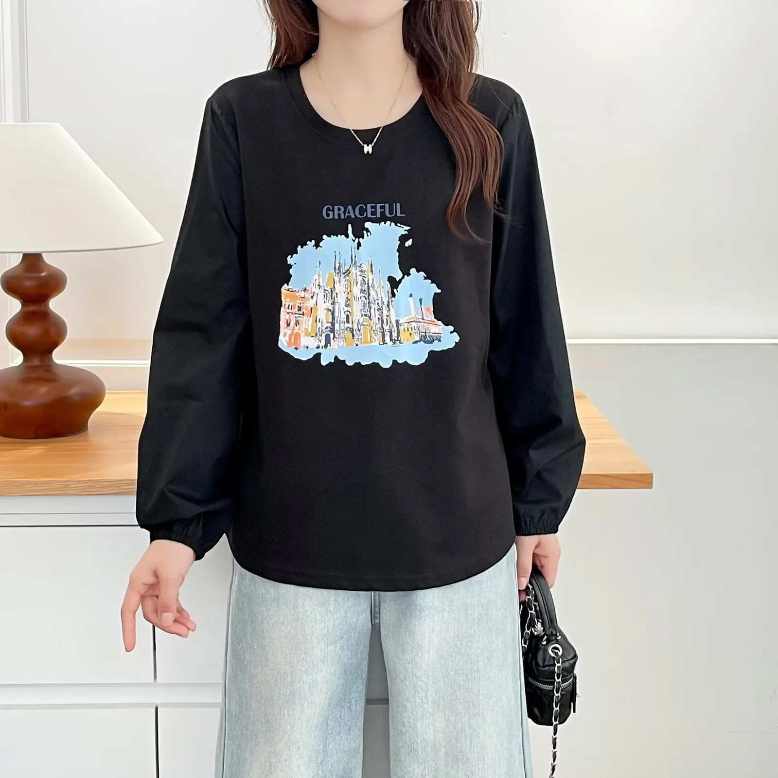 Fashion Plus Size Women's T-Shirt Autumn New Style Of Youthful Printed Long Sleeved round-neck Tops 2558