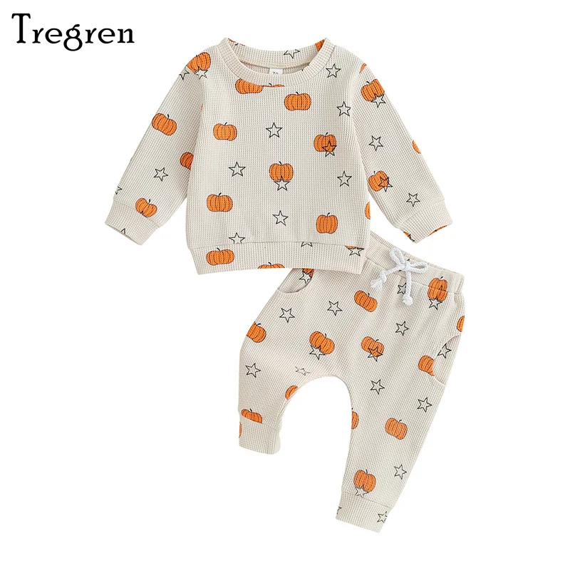 

Tregren 0-3Y Toddler Baby Halloween Costumes Infant Boys Girls Long Sleeve Pumpkin Star Print Tops Pants 2pcs Fall Clothes Sets