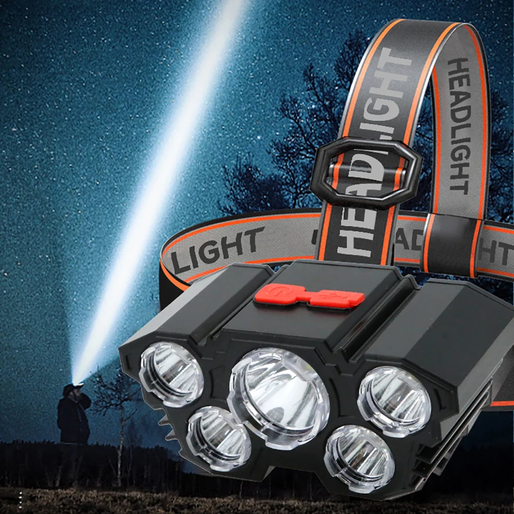 Head Flashlight 5 LED Rechargeable with Built-in Battery Strong Light Headlamp Camping Adventure Fishing