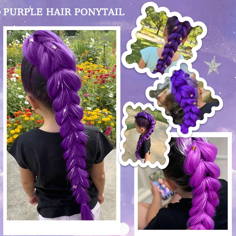 Purple Braided Hair Ponytail Extensions for Kids Shiny Purple Braids with Tinsel Hair for Kids Party Cosplay Use Purple Wig Hair