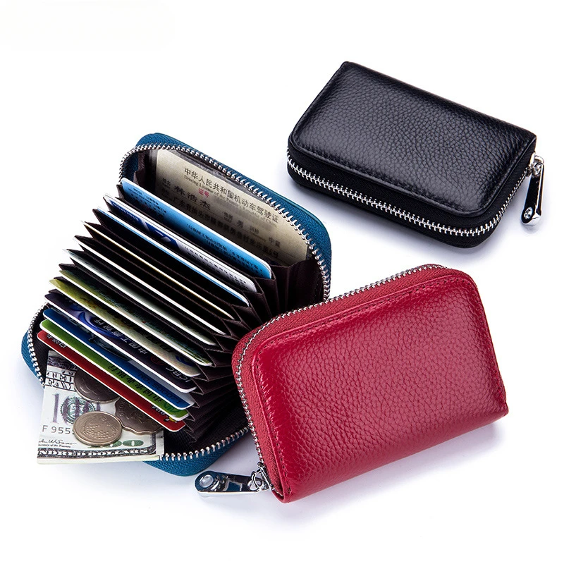 Men's Genuine Leather RFID Blocking 12 Card Holder Wallet with Zipper Organizer for Women Anti-Theft Credit Card Case