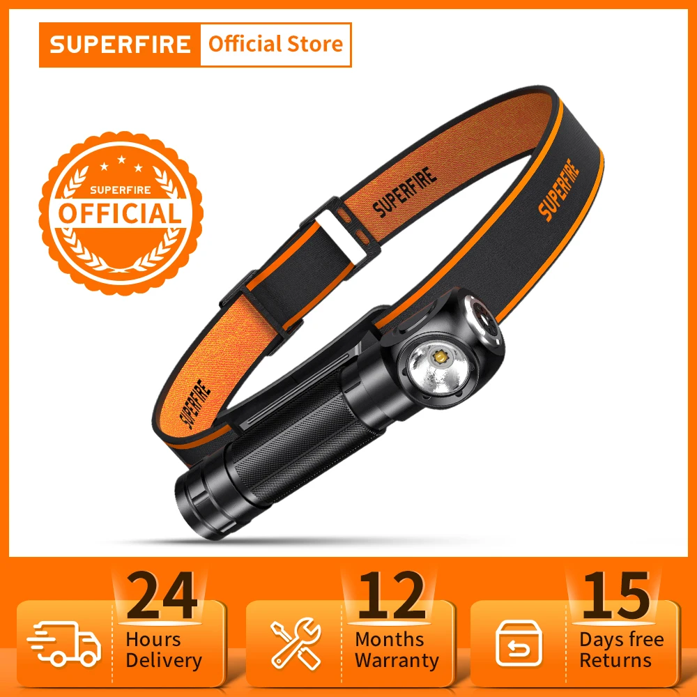 New SUPERFIRE TH04 LED Headlamp USB C Rechargeable 90° Headlight 18650 Flashlight with Indicator Magnet Tail, Head Flash Light