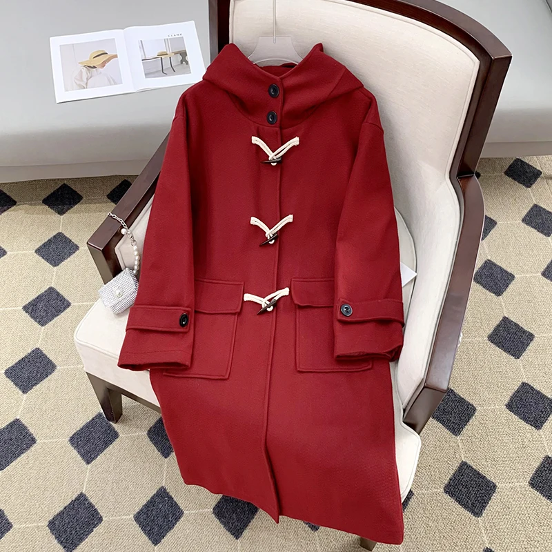 Women's Korean Fashionred Loose Woolen Long Coat Single Breasted Lady