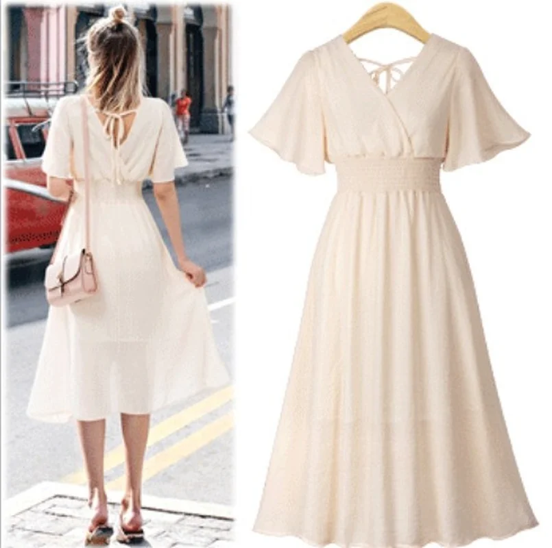 2021 Women Summer Pink Fairy Dress V-neck Chiffon Cottagecore Short Sleeve Dress Female Sweet New Solid Color Slim Body Dresses aibeautyer new 2021 spring summer vintage solid a line dress v neck single breasted puff sleeve mid calf women dresses