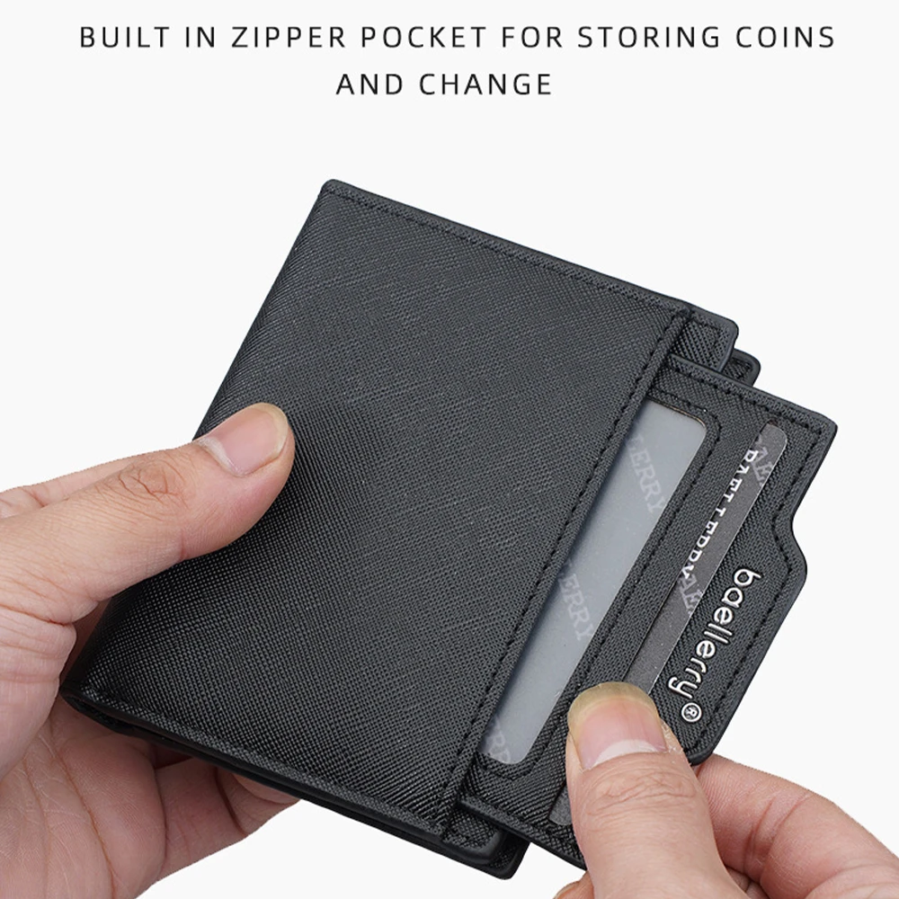 Baellerry Men's Ultra-Thin Short Wallet with 8 Card Slots + 1 Bill Compartment + 2 Sd Card Slots, Built-In Zipper Coin Pocket
