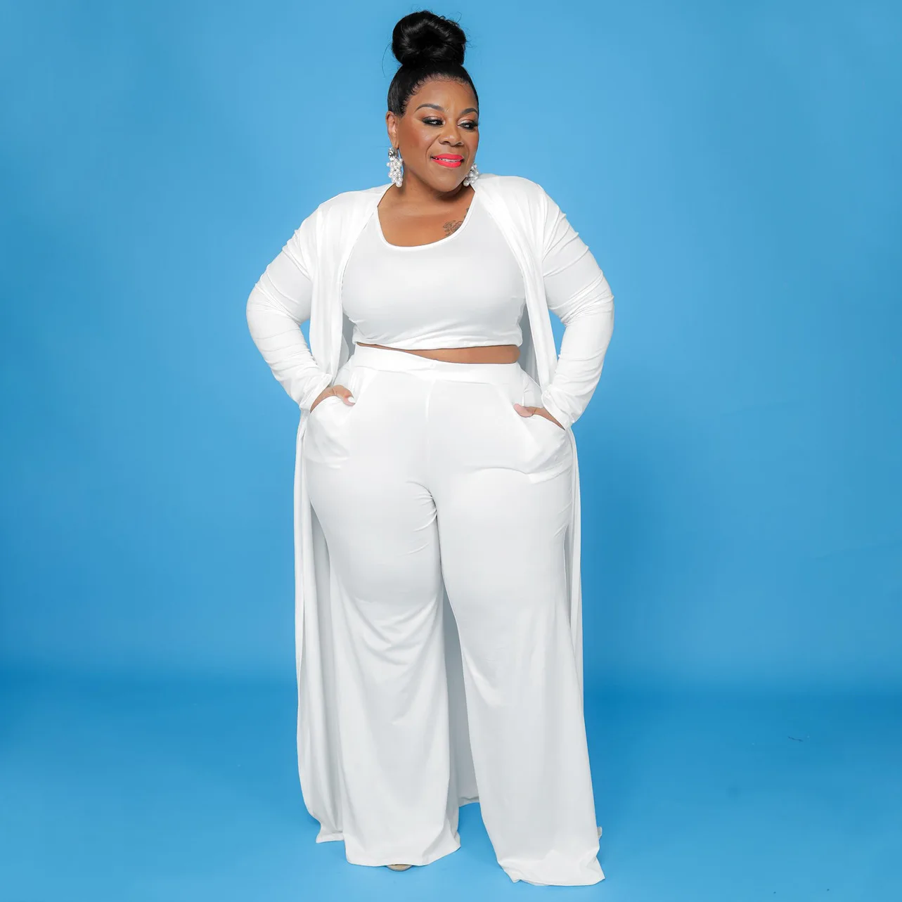 Plus Size Milk Silk Long Cardigan Coat 3 Piece Sets 4XL Fall Loose Wide Leg Pant Crop Tank Tops Women Three Pieces Suits Outfits adidas coat silk gy9255 ftwwht ftwwht wonwhi