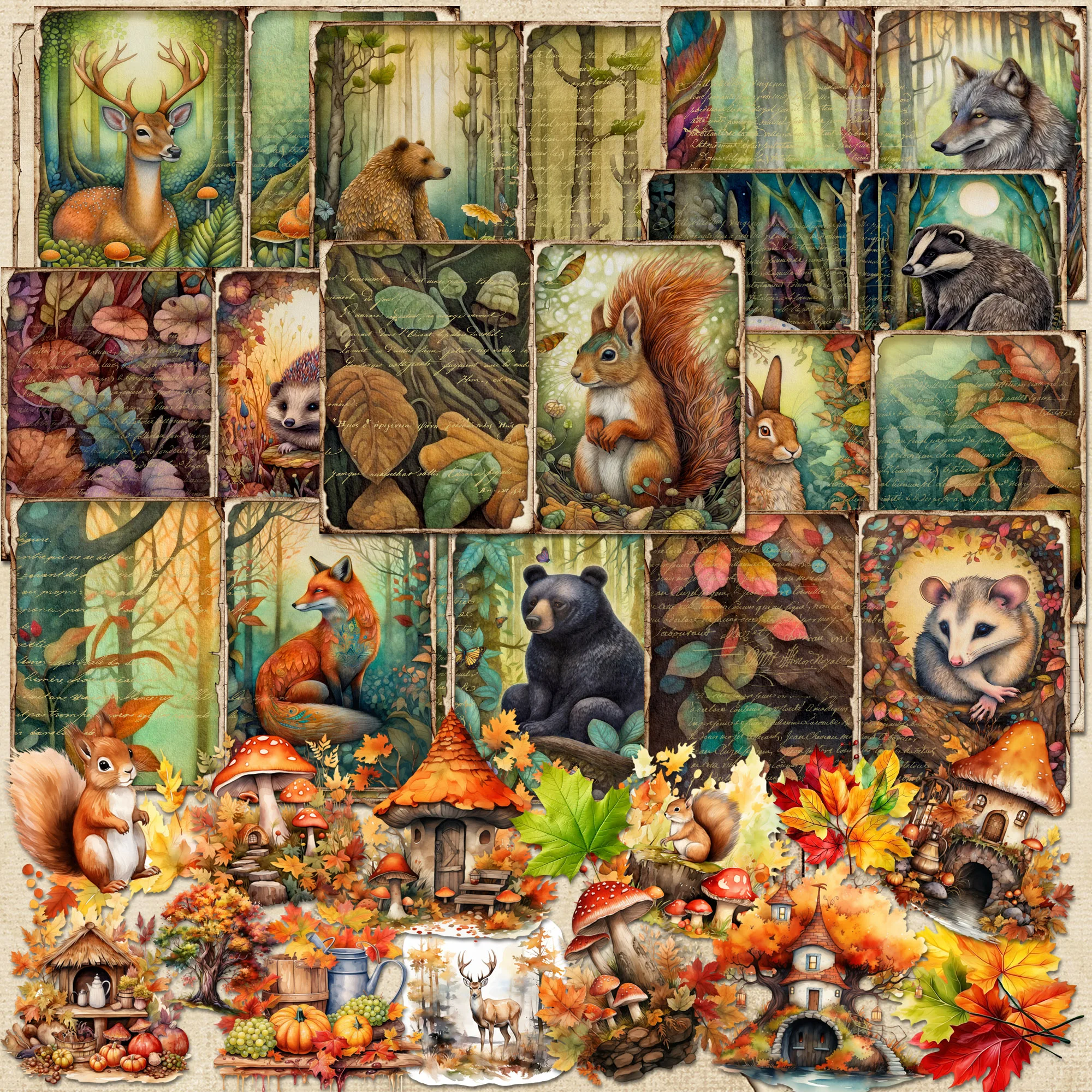 76pieces(12papers+64stickers)Vintage Squirrel Forest Scrapbooking Set,Perfect for Arts Crafts,Scrapbooking Supplies,Junk Journal