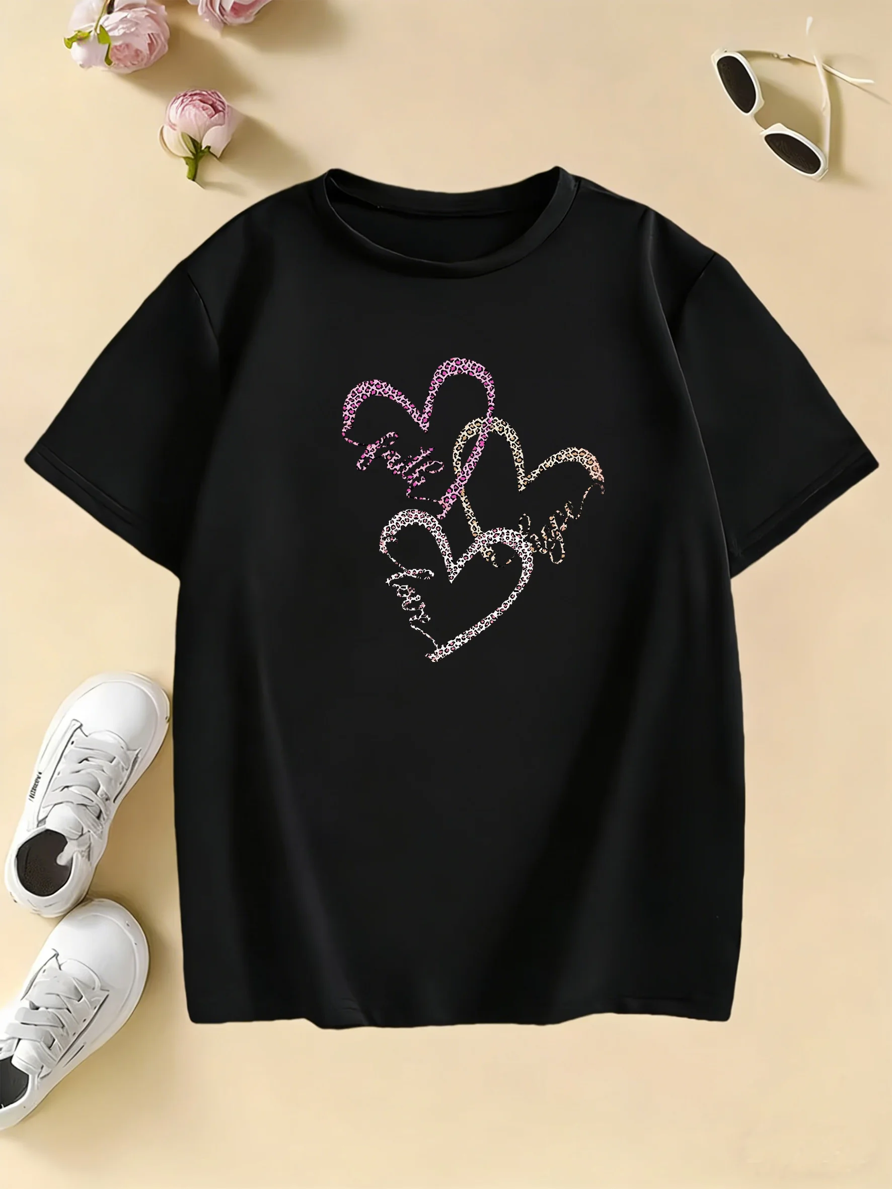 Children's Leopard Print Heart T-Shirt - Casual Spring/Summer Tee