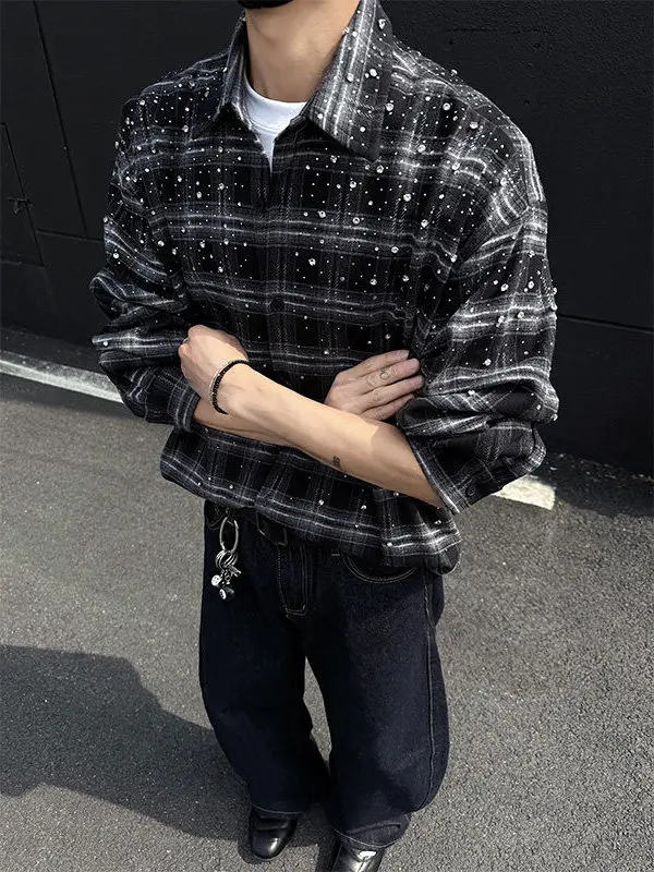 헤비 듀티 긴팔 셔츠 남성용 루즈핏 아메리칸 레트로 플래드 코트 봄 가을 스타 디자인 감각 다이아몬드 장식 캐주얼웨어