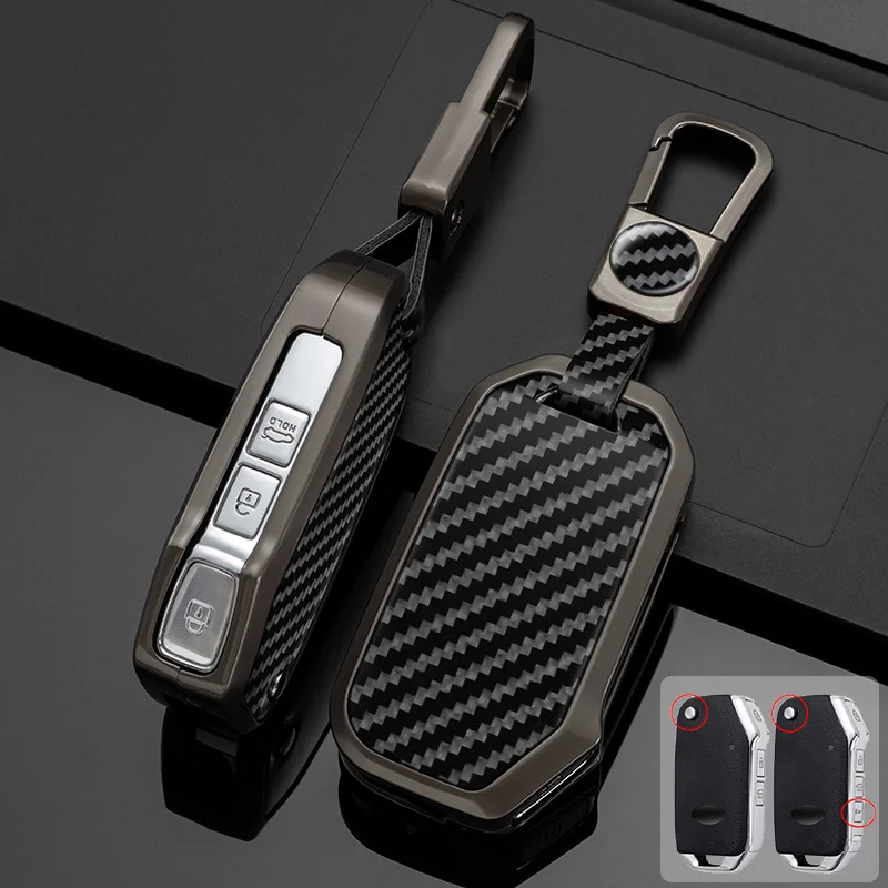 

Zinc Alloy + Carbon Style Leather Car Key Case Cover For KIA Sportage R Stinger GT Sorento Ceed Cerato 2018 2019 2020 2022 2023