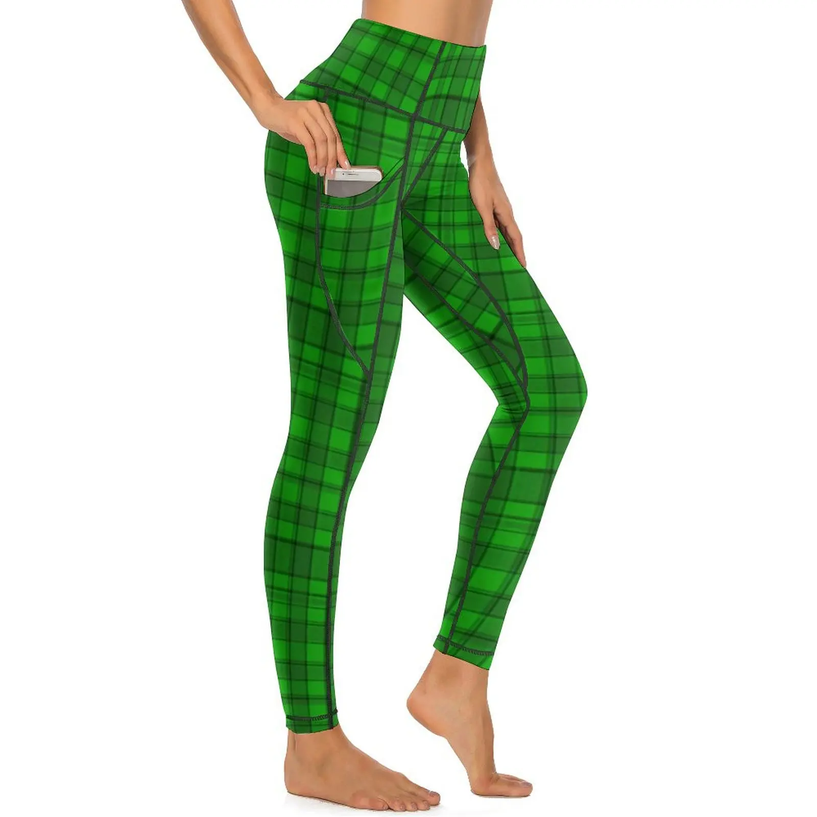 

Green Black Plaid Leggings Sexy St Paddys Day Workout Yoga Pants Push Up Stretch Sport Legging Pockets Elegant Design Leggins