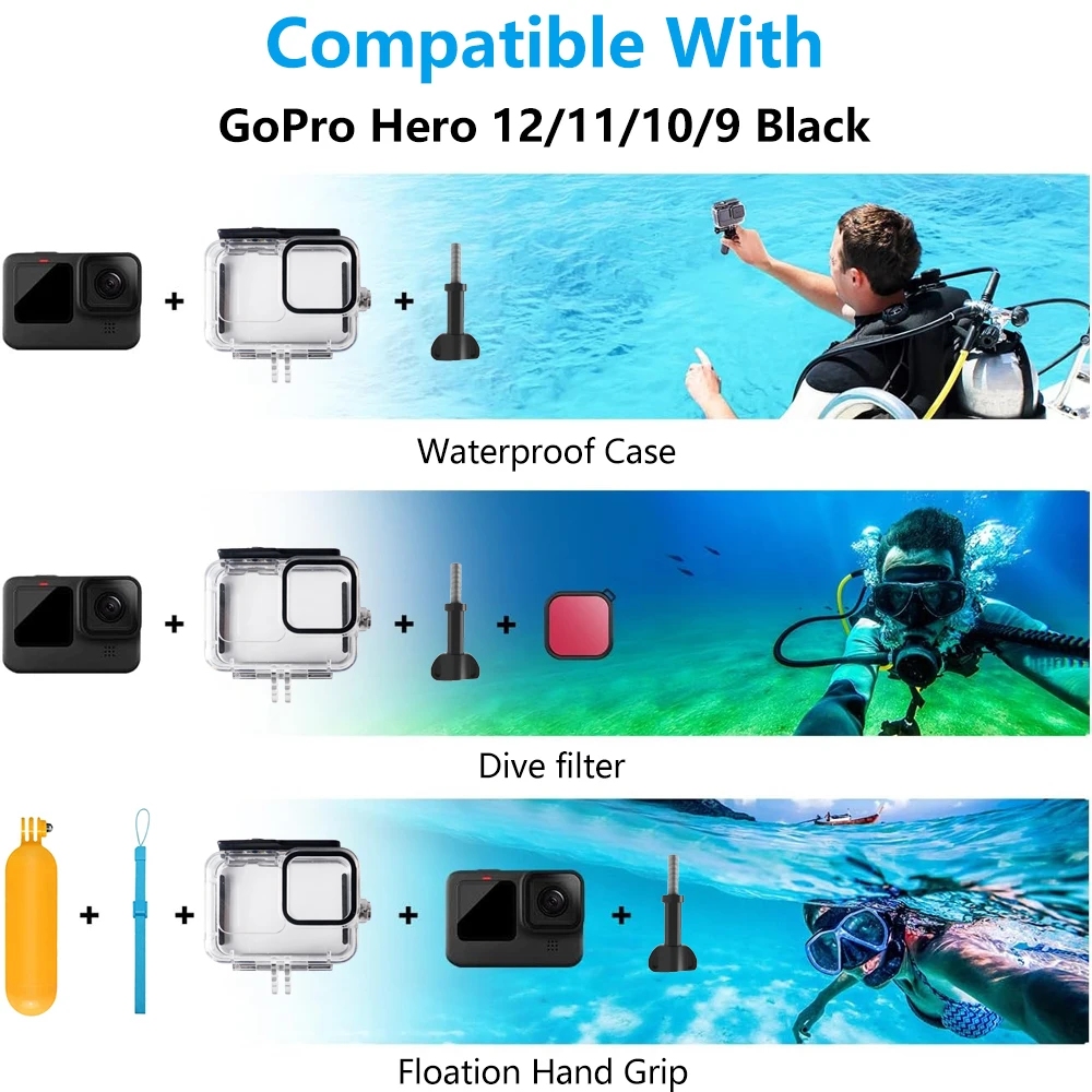 Hero 13/12/11/10/9 Waterproof Housing Case Protective Dive Shell for GoPro Hero 13 12 11 10 9 Black Action Camera Accessories