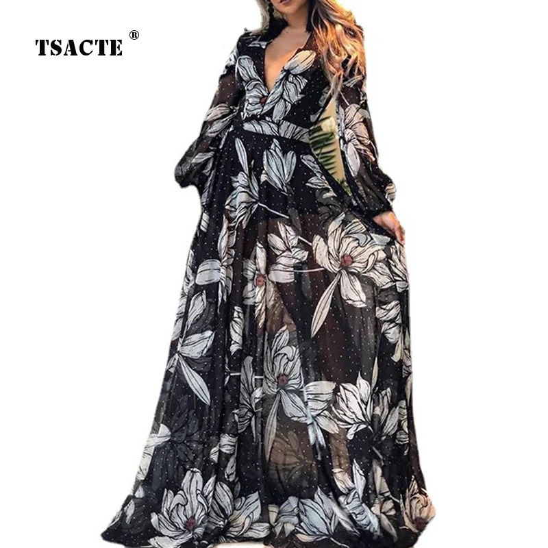 

2023 Autumn Winter New Elegant Pretty Women Dress Perspective Sexy Deep-V Long Sleeve Printed Temperament New Year Female Dress