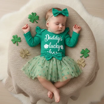 Baby Girl 3-Piece Spring Set – Shamrock Romper, Tulle Skirt & Bow Headband